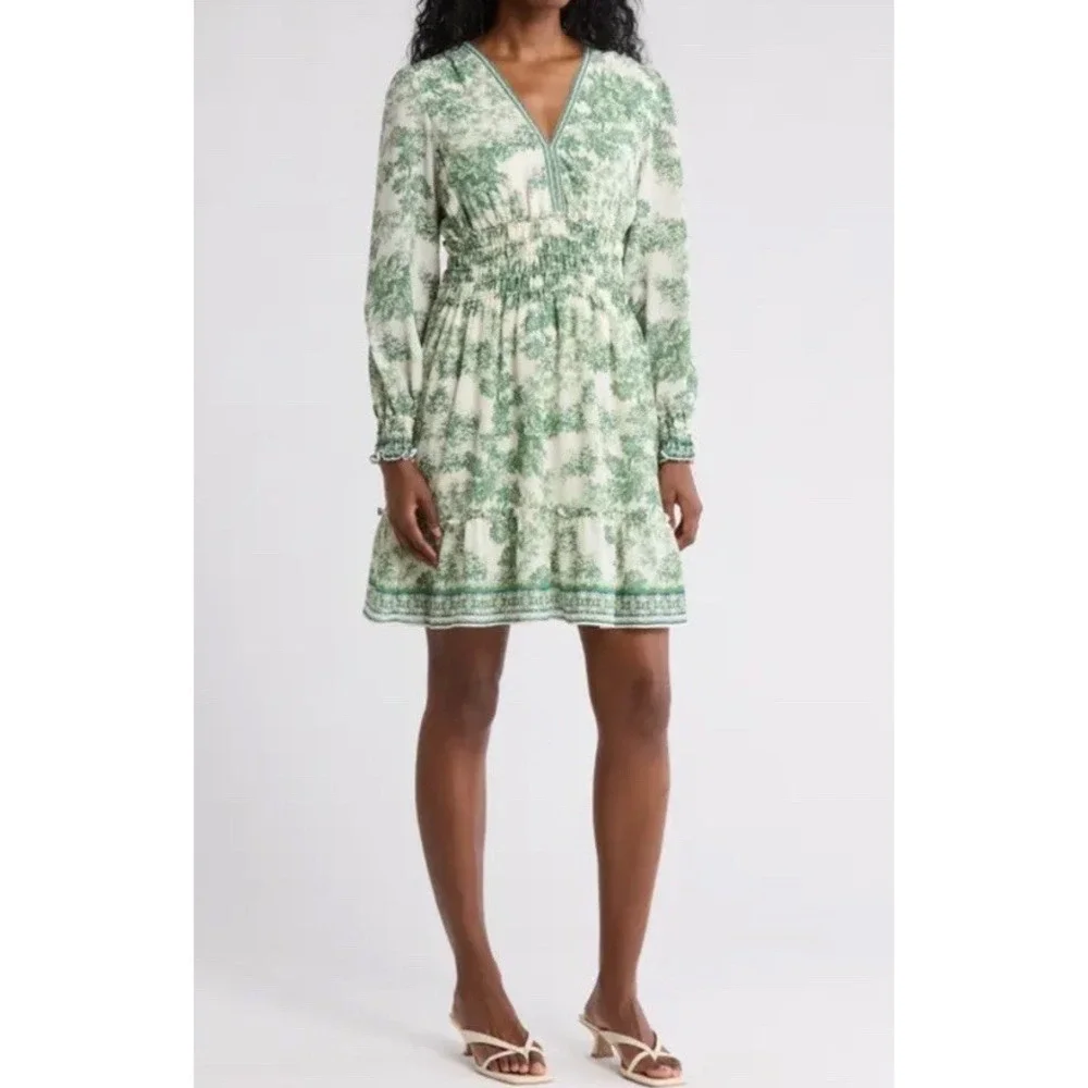 Max Studio Ivory Green Garden ‎ Floral Smocked Waist Dress Size Large